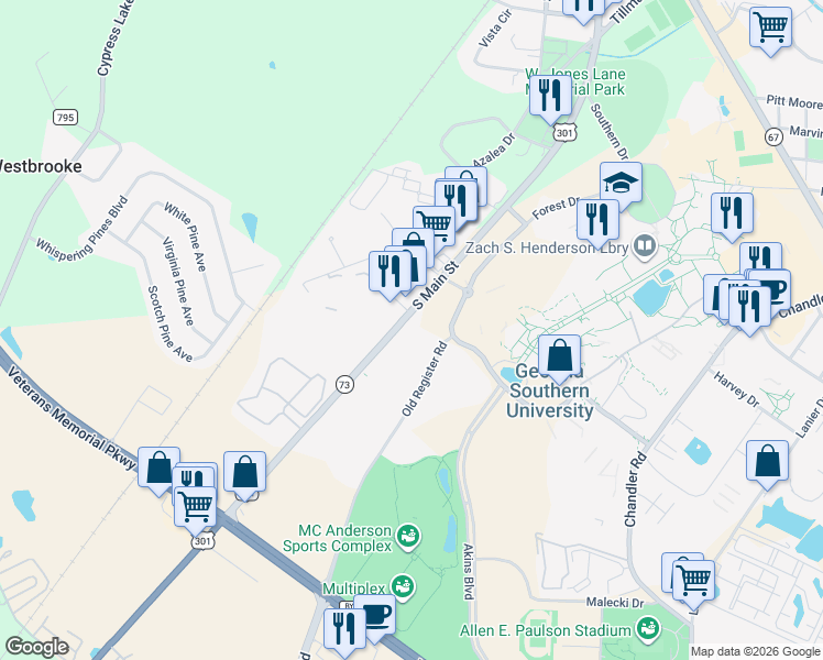 map of restaurants, bars, coffee shops, grocery stores, and more near 808 South Main Street in Statesboro