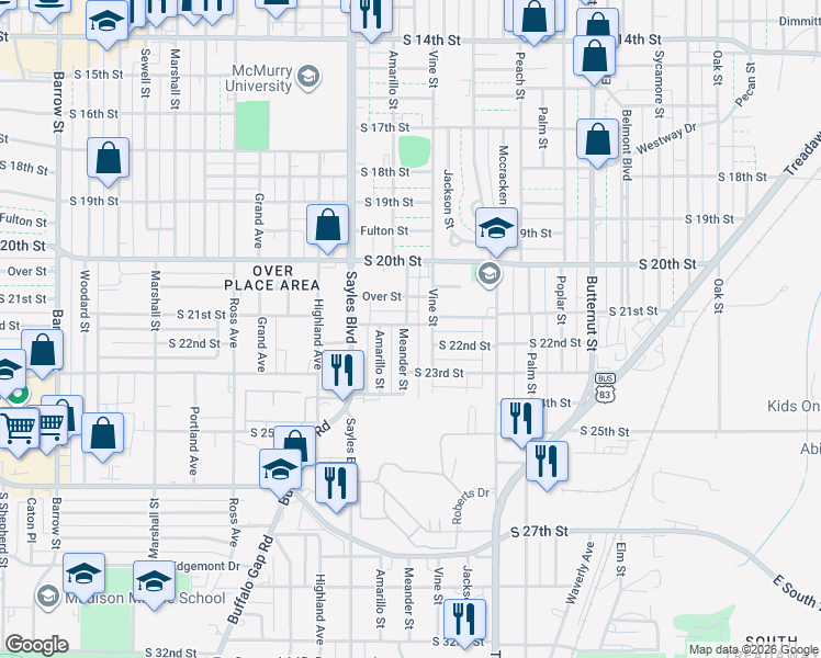 map of restaurants, bars, coffee shops, grocery stores, and more near 2101 Meander Street in Abilene