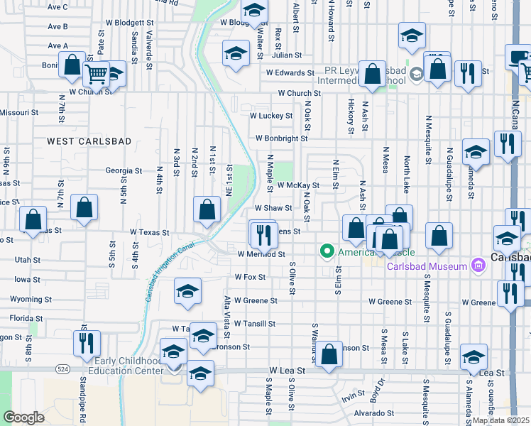 map of restaurants, bars, coffee shops, grocery stores, and more near 211 North Maple Street in Carlsbad