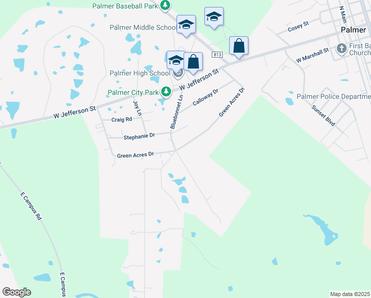map of restaurants, bars, coffee shops, grocery stores, and more near 443 Green Acres Drive in Palmer
