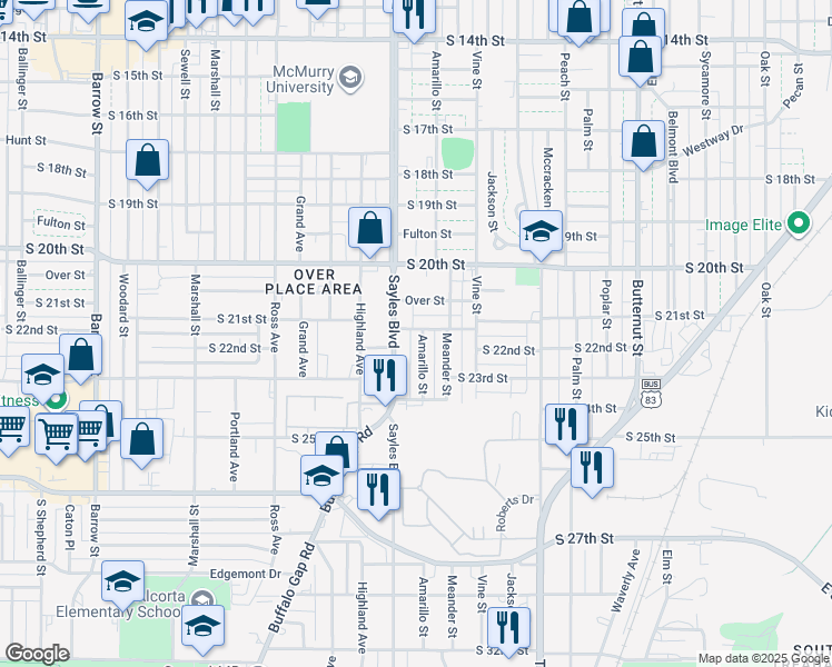 map of restaurants, bars, coffee shops, grocery stores, and more near 2102 Amarillo Street in Abilene