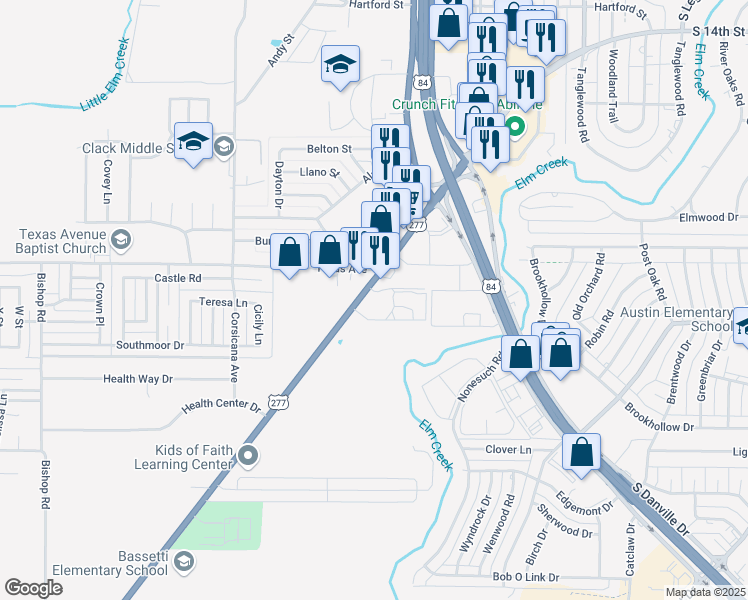 map of restaurants, bars, coffee shops, grocery stores, and more near 5225 U.S. 277 in Abilene