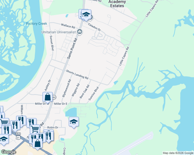 map of restaurants, bars, coffee shops, grocery stores, and more near 29 Shorts Landing Road in Beaufort