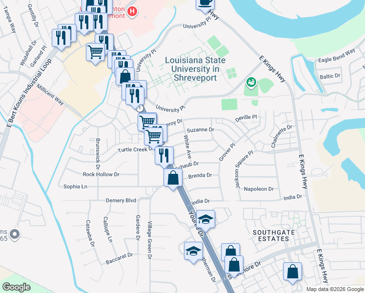map of restaurants, bars, coffee shops, grocery stores, and more near 251 Johnnie Drive in Shreveport