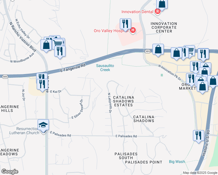 map of restaurants, bars, coffee shops, grocery stores, and more near 11924 North Labyrinth Drive in Tucson