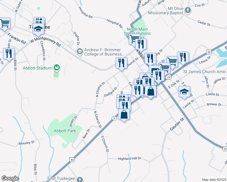 map of restaurants, bars, coffee shops, grocery stores, and more near 599 Gaillard Drive in Tuskegee