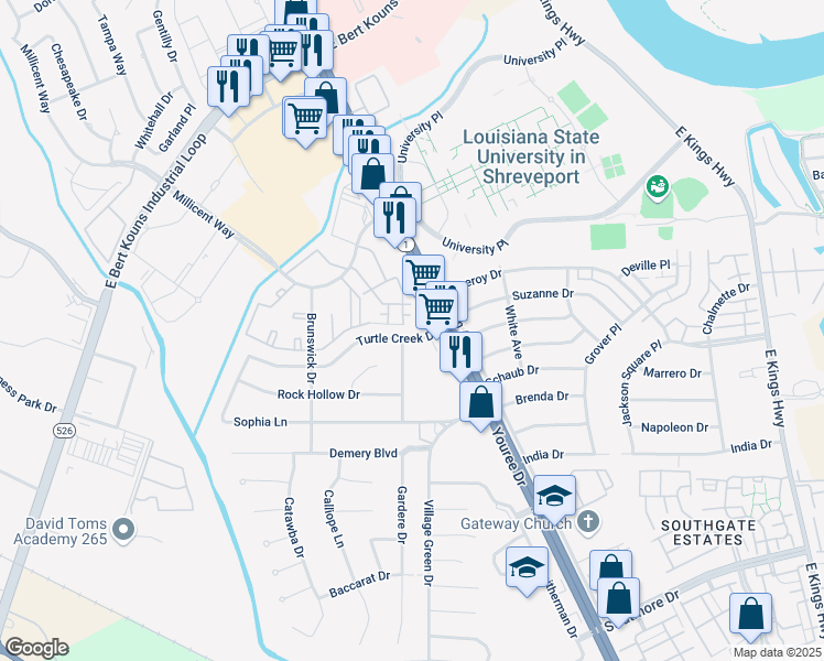 map of restaurants, bars, coffee shops, grocery stores, and more near 408 Turtle Creek Drive in Shreveport