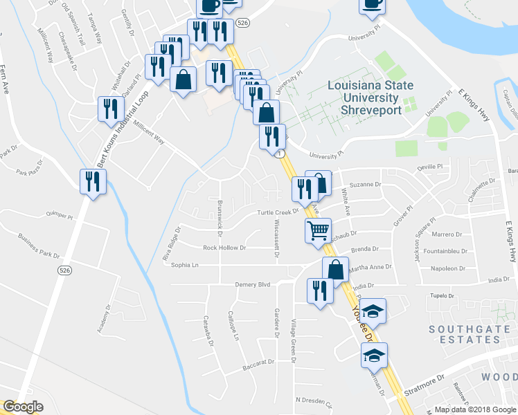 map of restaurants, bars, coffee shops, grocery stores, and more near 508 Turtle Creek Drive in Shreveport