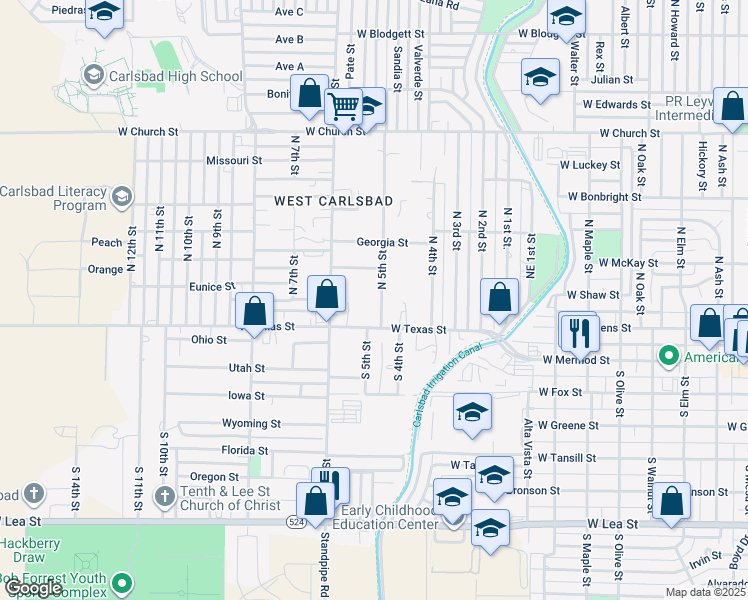 map of restaurants, bars, coffee shops, grocery stores, and more near 201 North 5th Street in Carlsbad