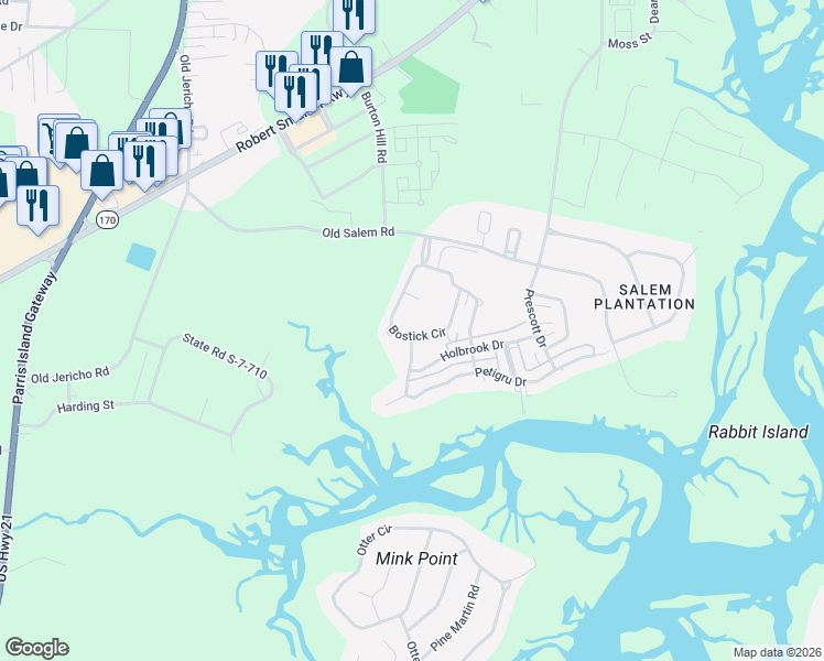 map of restaurants, bars, coffee shops, grocery stores, and more near 46 Bostick Circle in Beaufort