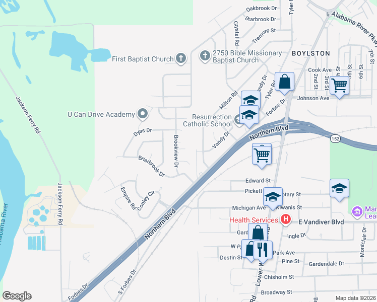 map of restaurants, bars, coffee shops, grocery stores, and more near 101 Wawana Court in Montgomery