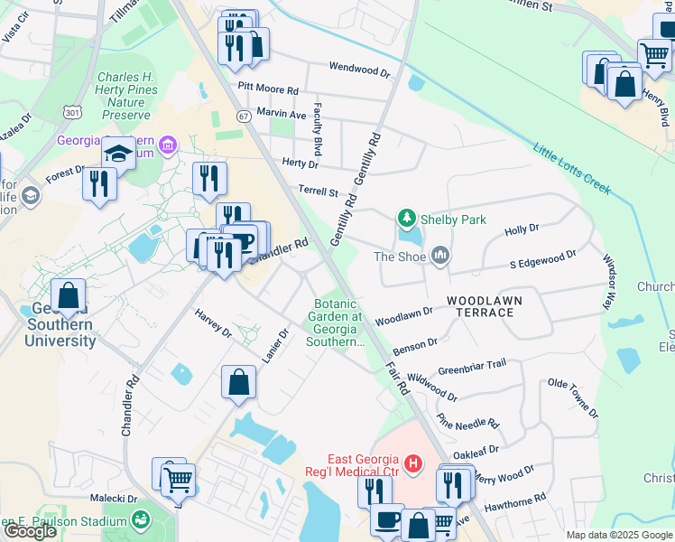 map of restaurants, bars, coffee shops, grocery stores, and more near 1206 Georgia 67 in Statesboro