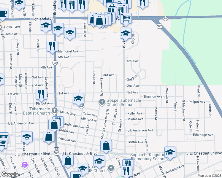 map of restaurants, bars, coffee shops, grocery stores, and more near 1707 Martin Luther King Street in Selma
