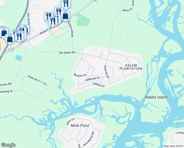 map of restaurants, bars, coffee shops, grocery stores, and more near 128 Bartram Drive in Beaufort