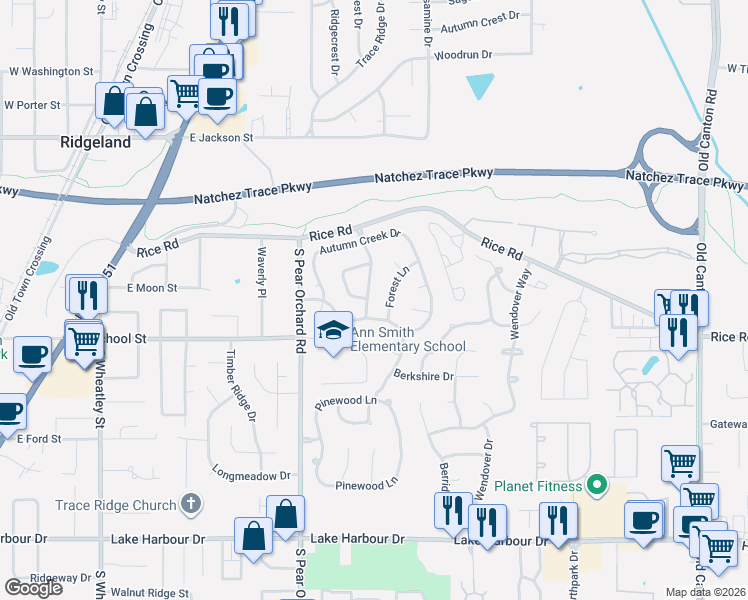 map of restaurants, bars, coffee shops, grocery stores, and more near 417 Forest Lane in Ridgeland