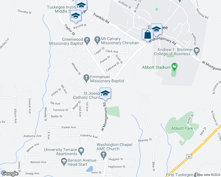 map of restaurants, bars, coffee shops, grocery stores, and more near 1917 West Montgomery Road in Tuskegee