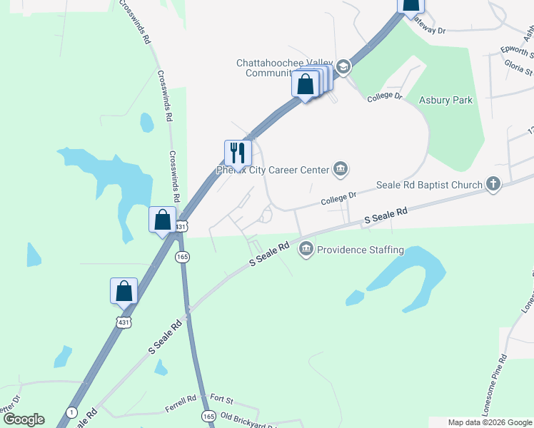 map of restaurants, bars, coffee shops, grocery stores, and more near 2700 College Drive in Phenix City