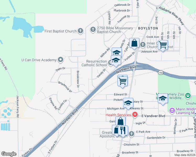 map of restaurants, bars, coffee shops, grocery stores, and more near 2716 Vandy Drive in Montgomery