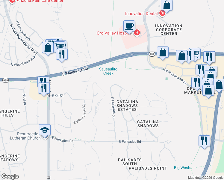 map of restaurants, bars, coffee shops, grocery stores, and more near 11924 North Labyrinth Drive in Tucson