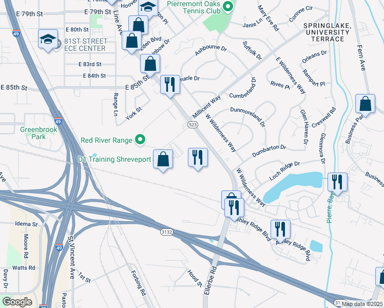 map of restaurants, bars, coffee shops, grocery stores, and more near 8622 Line Avenue in Shreveport