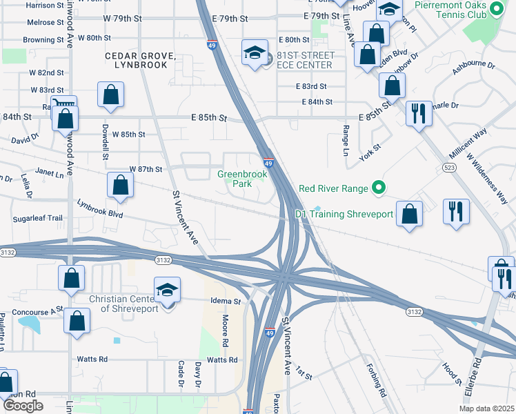 map of restaurants, bars, coffee shops, grocery stores, and more near 8786 S Emerald Loop in Shreveport