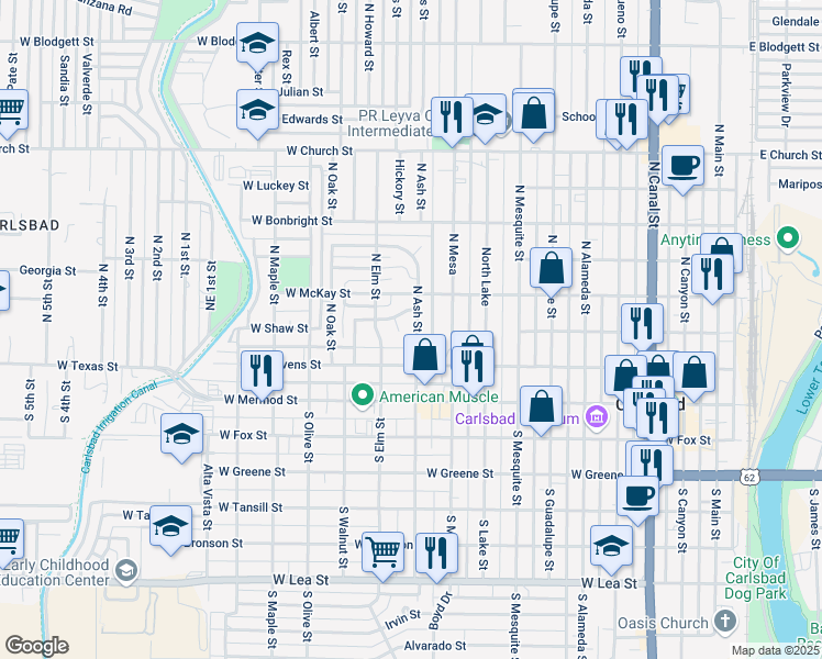 map of restaurants, bars, coffee shops, grocery stores, and more near 212 North Ash Street in Carlsbad