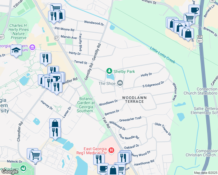 map of restaurants, bars, coffee shops, grocery stores, and more near 105 Forest Way in Statesboro