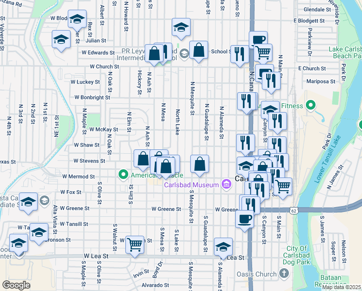 map of restaurants, bars, coffee shops, grocery stores, and more near 302 North Lake in Carlsbad