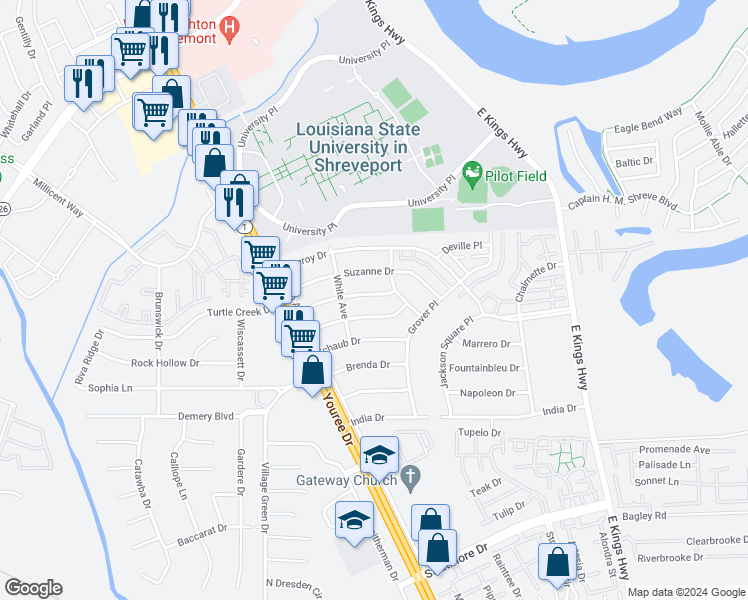 map of restaurants, bars, coffee shops, grocery stores, and more near 215 Johnnie Drive in Shreveport