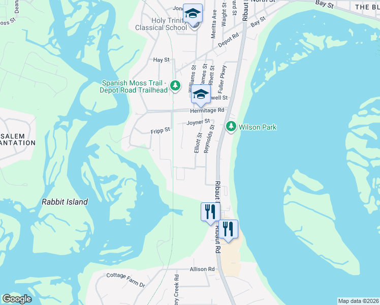 map of restaurants, bars, coffee shops, grocery stores, and more near 118 Elliott Street in Beaufort