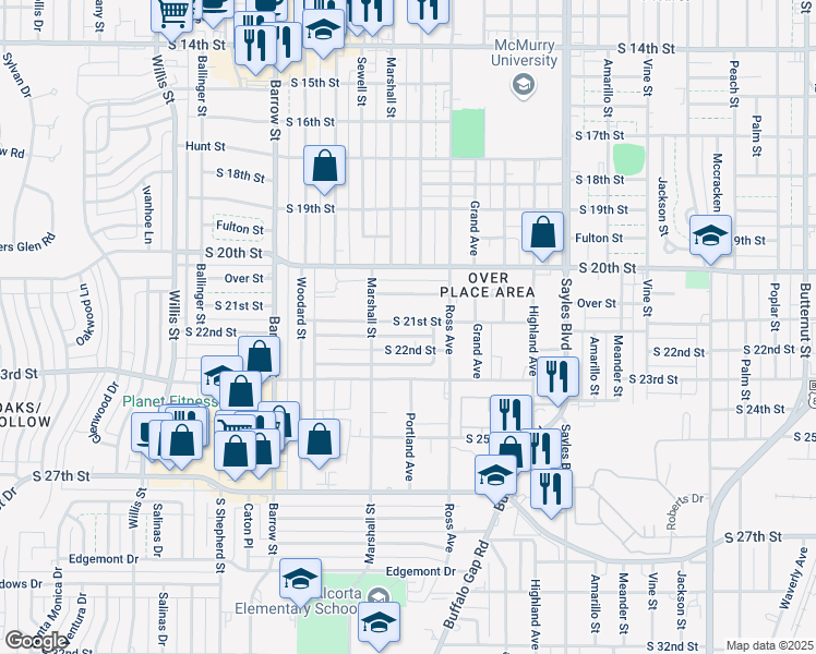 map of restaurants, bars, coffee shops, grocery stores, and more near 2601 South 21st Street in Abilene