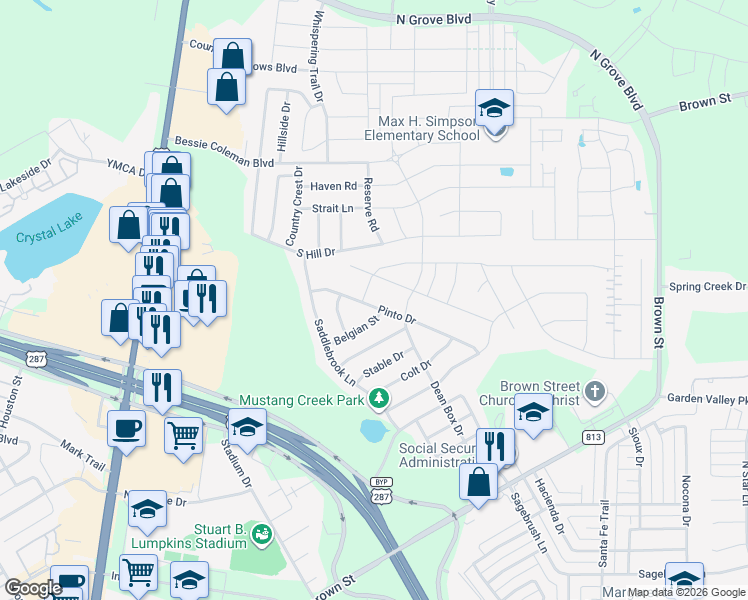map of restaurants, bars, coffee shops, grocery stores, and more near 142 Pinto Drive in Waxahachie
