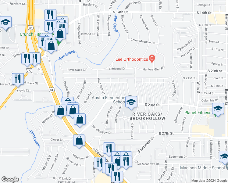 map of restaurants, bars, coffee shops, grocery stores, and more near 2117 Brentwood Drive in Abilene