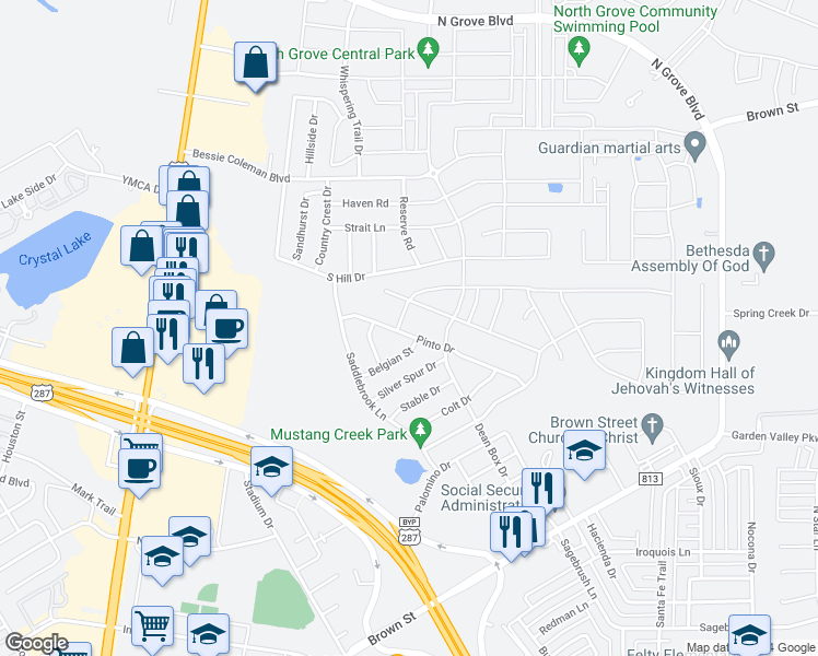 map of restaurants, bars, coffee shops, grocery stores, and more near 142 Pinto Drive in Waxahachie