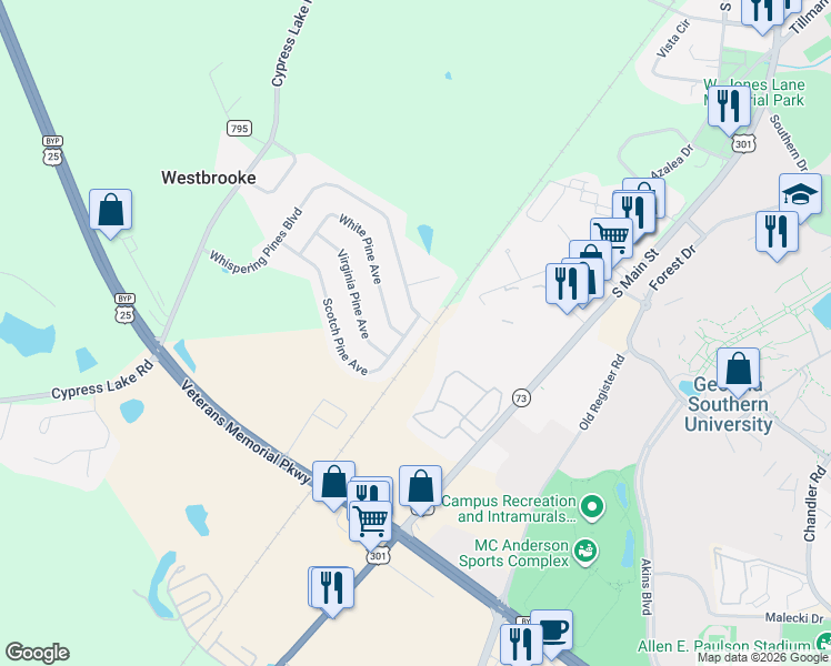 map of restaurants, bars, coffee shops, grocery stores, and more near 5062 Scotch Pine Avenue in Statesboro