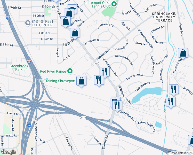 map of restaurants, bars, coffee shops, grocery stores, and more near 8622 Line Avenue in Shreveport