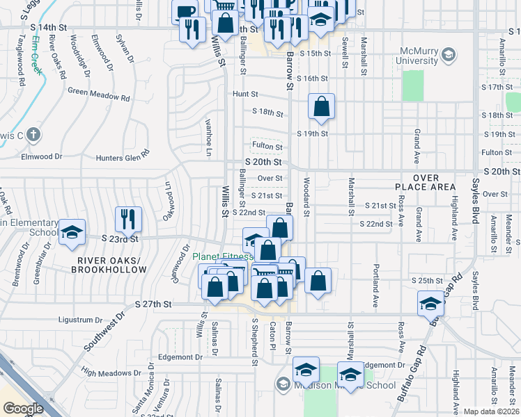 map of restaurants, bars, coffee shops, grocery stores, and more near 3175 South 22nd Street in Abilene