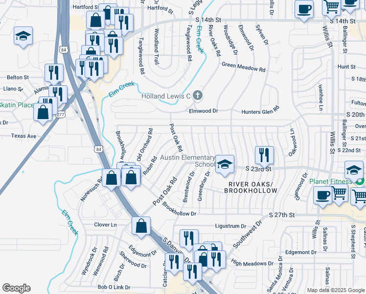 map of restaurants, bars, coffee shops, grocery stores, and more near 2117 Post Oak Road in Abilene