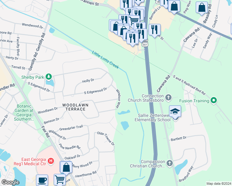 map of restaurants, bars, coffee shops, grocery stores, and more near 115 Windsor Way in Statesboro