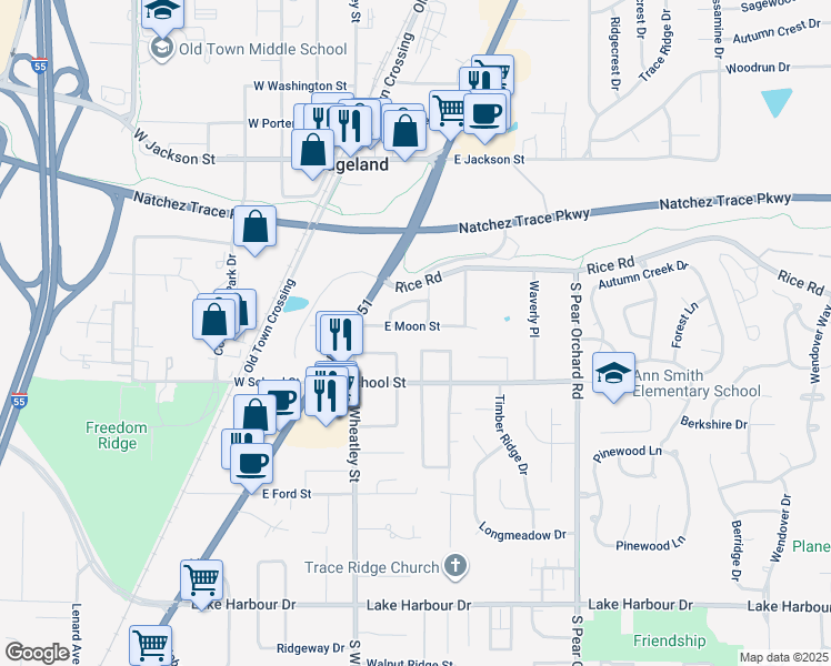 map of restaurants, bars, coffee shops, grocery stores, and more near 231 East Moon Street in Ridgeland