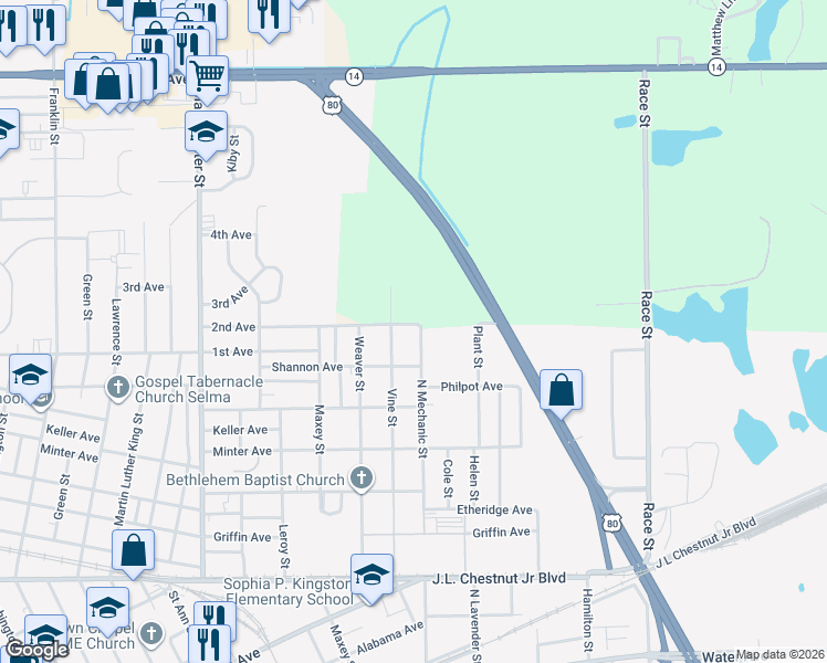 map of restaurants, bars, coffee shops, grocery stores, and more near 1715 North Mechanic Street in Selma