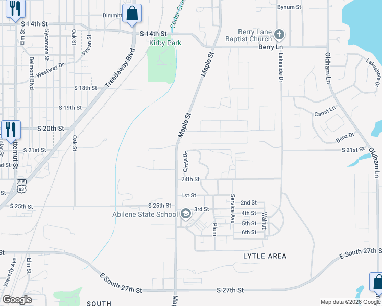map of restaurants, bars, coffee shops, grocery stores, and more near 6720 Circle Drive in Abilene