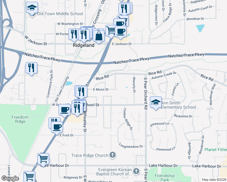 map of restaurants, bars, coffee shops, grocery stores, and more near 241 East Moon Street in Ridgeland