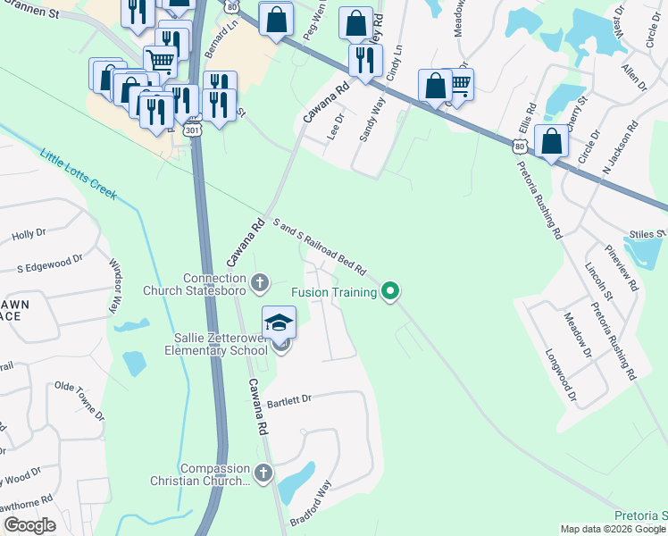 map of restaurants, bars, coffee shops, grocery stores, and more near S.S. Railroad Bed Road in Statesboro