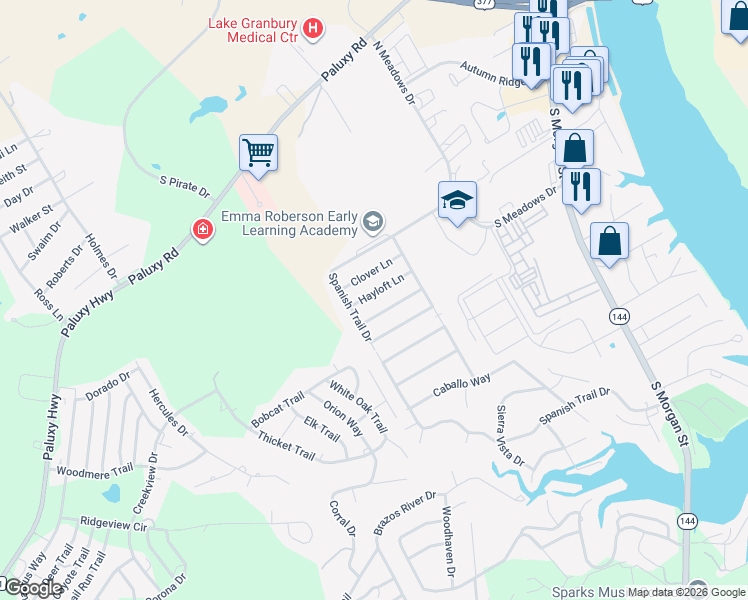 map of restaurants, bars, coffee shops, grocery stores, and more near 1522 Sunflower Lane in Granbury