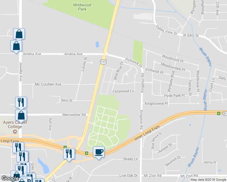 map of restaurants, bars, coffee shops, grocery stores, and more near 999 Lazywood Lane in Shreveport