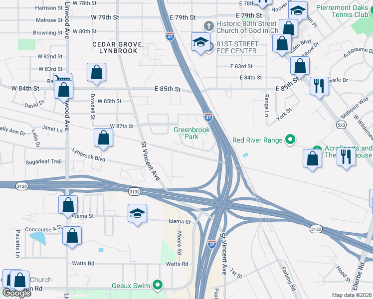 map of restaurants, bars, coffee shops, grocery stores, and more near 9000 Saint Vincent Avenue in Shreveport
