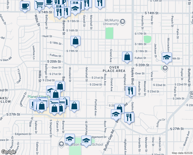 map of restaurants, bars, coffee shops, grocery stores, and more near 2618 South 22nd Street in Abilene