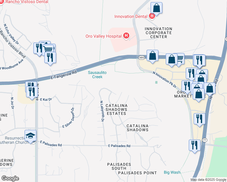 map of restaurants, bars, coffee shops, grocery stores, and more near 11920 North Cassiopeia Drive in Oro Valley