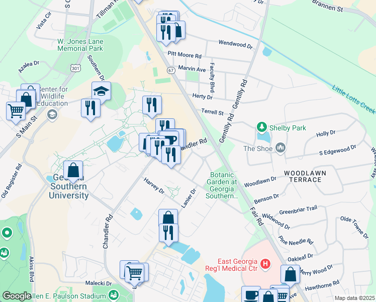 map of restaurants, bars, coffee shops, grocery stores, and more near 1506 Mike Ann Drive in Statesboro